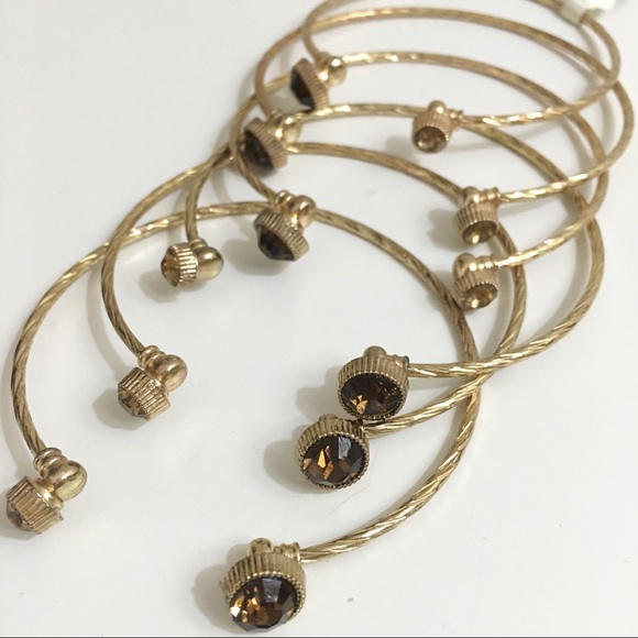 6 Brown/Amber Rhinestone Cable Cuff Gold Bracelets - Picture 2 of 8